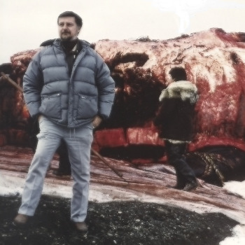 Leon Kania with Alaska 
natives butchering a whale